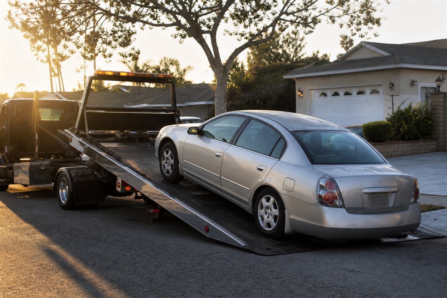 Flatbed tow truck loading a sedan at a suburban curb in late afternoon light