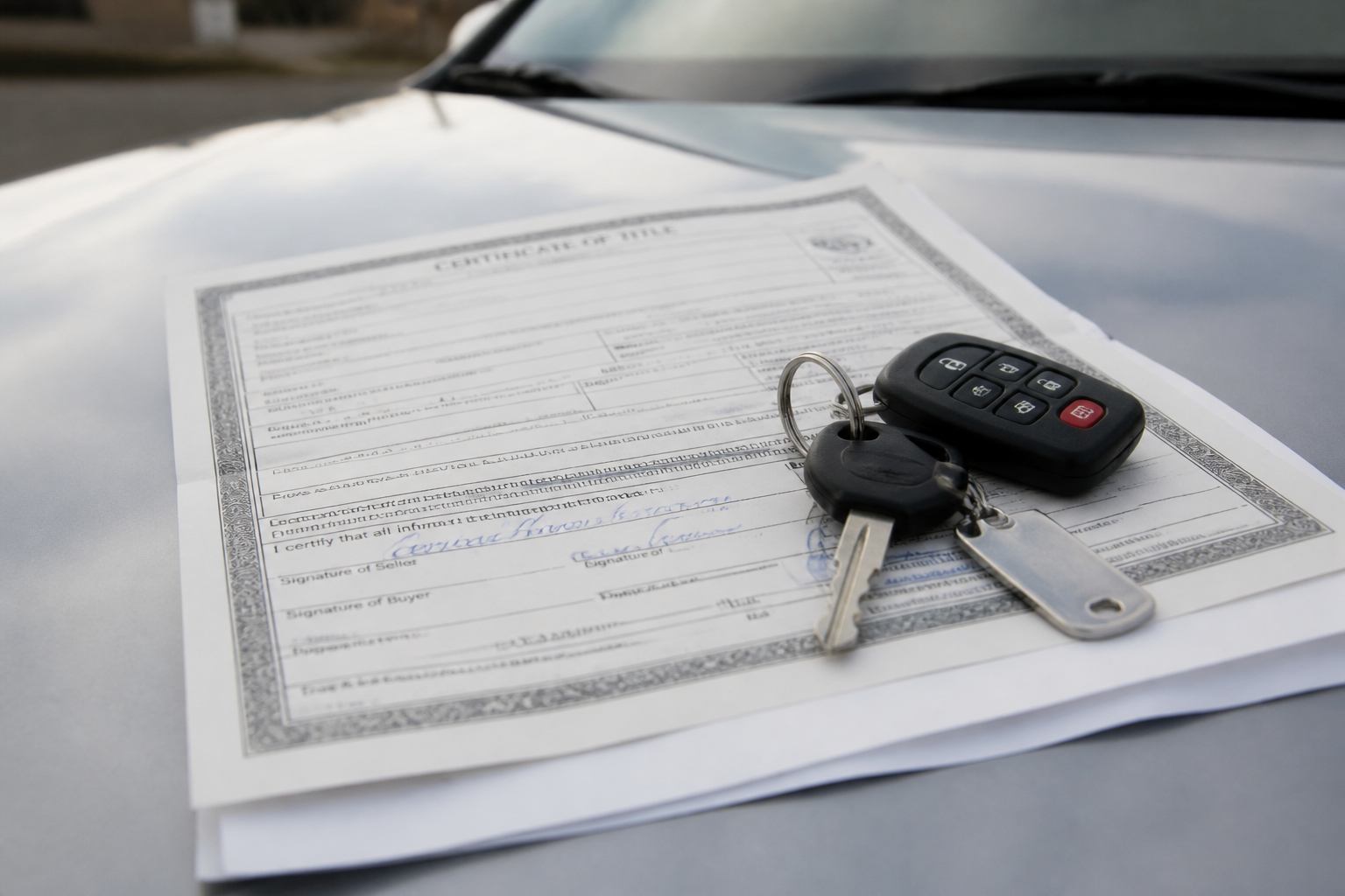 Car keys and signed title paperwork on a hood