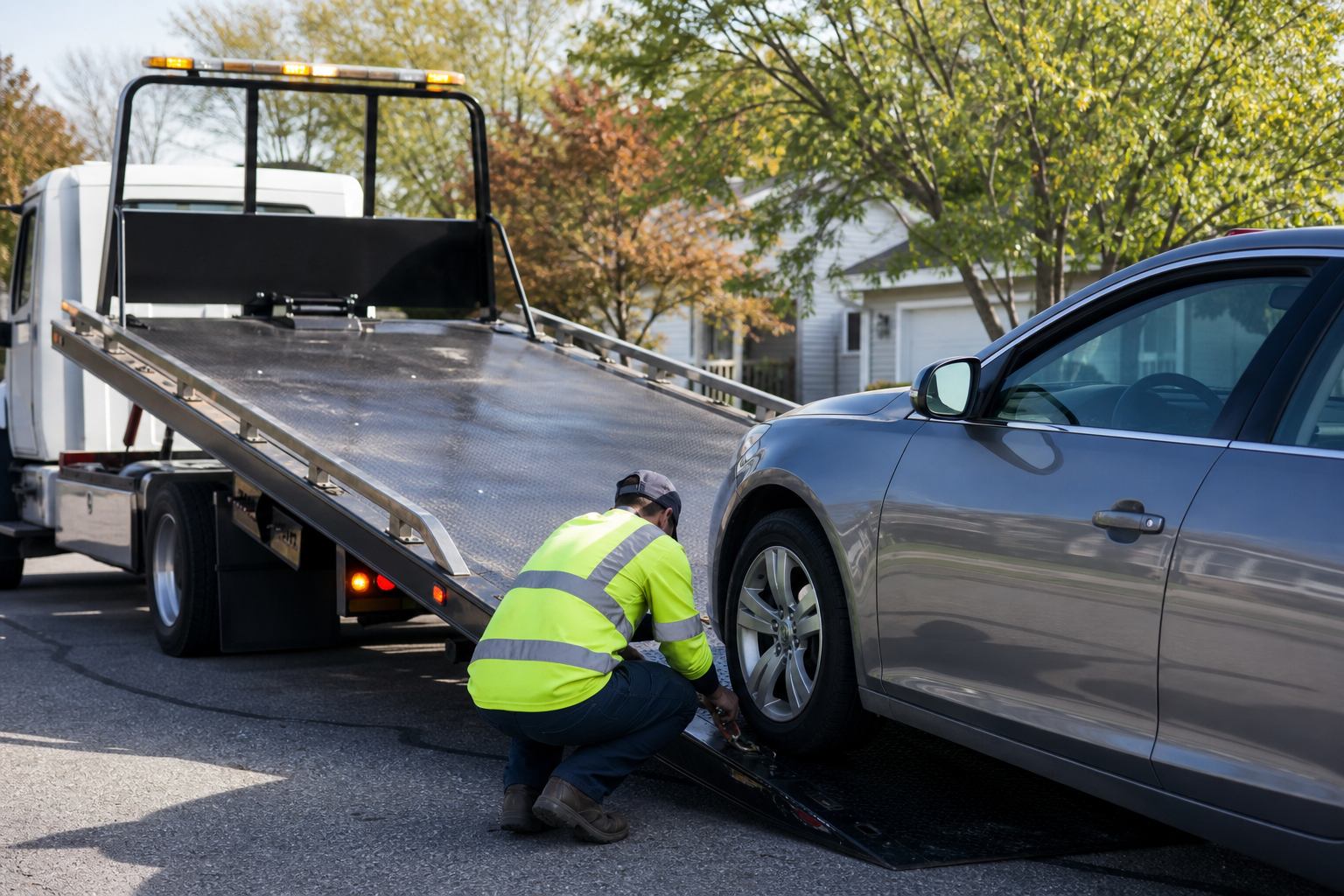Tow truck arriving to pick up a car at the curb